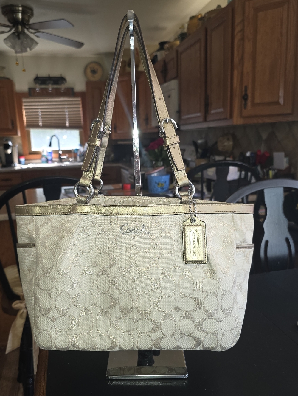 Coach F17724 Signature Jacquard Tote Beige Champagne Gold Shoulder Bag
